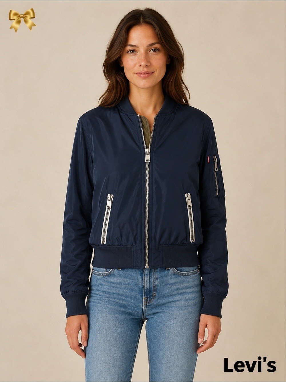 LEVI'S Women's Flight Navy Blue Bomber Jacket Front Zippers L21607 Size XS